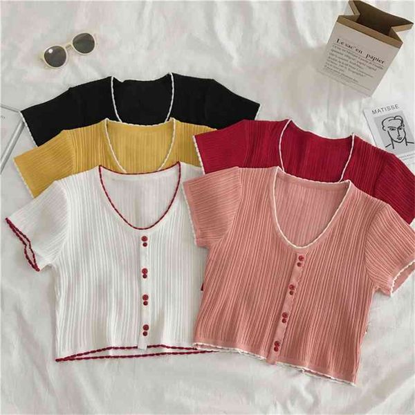 short knit short-sleeve women's short section high waist exposed navel knitted t-shirt summer girl slim v-neck t-shirt gd360 210506, White
short knit short-sleeve women's short section high waist exposed navel knitted t-shirt summer girl slim v-neck t-shirt gd360 210506, White
