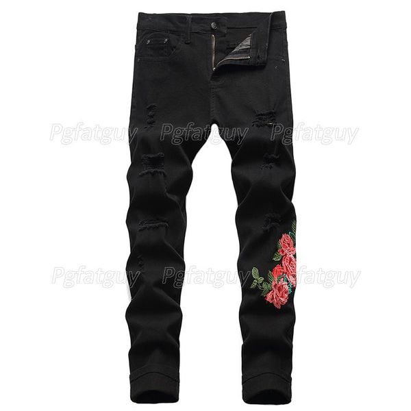men's jeans men black knee hole ripped stretch skinny denim pants embroidered rose flower slim fit trousers, Blue
men's jeans men black knee hole ripped stretch skinny denim pants embroidered rose flower slim fit trousers, Blue