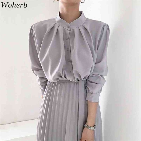vintage long sleeve dress women casual solid eleganr stand collar pleated dresses korean chic office lady robe vestidos 210519, Black;gray
vintage long sleeve dress women casual solid eleganr stand collar pleated dresses korean chic office lady robe vestidos 210519, Black;gray