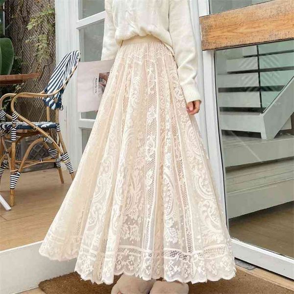 lace skirts womens spring autumn korean cute sweet style a-line black white long female elastic high waist bottoms 210629
lace skirts womens spring autumn korean cute sweet style a-line black white long female elastic high waist bottoms 210629