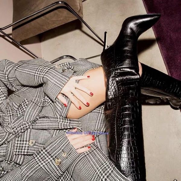 boots croco printed pattern thin high heel knee woman solid color winter pointed toe heeled shoes long slouch bota, Black
boots croco printed pattern thin high heel knee woman solid color winter pointed toe heeled shoes long slouch bota, Black