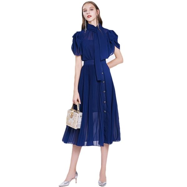 women elegant solid party dress summer stand collar long mid-calf chiffon pleated dresses 210525, Black;gray
women elegant solid party dress summer stand collar long mid-calf chiffon pleated dresses 210525, Black;gray