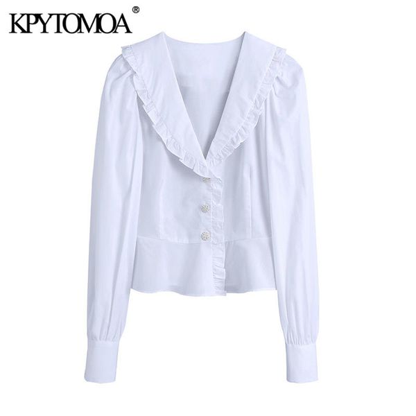 women sweet fashion ruffle trim cropped white blouses vintage puff sleeve gem buttons female shirts chic 210416
women sweet fashion ruffle trim cropped white blouses vintage puff sleeve gem buttons female shirts chic 210416