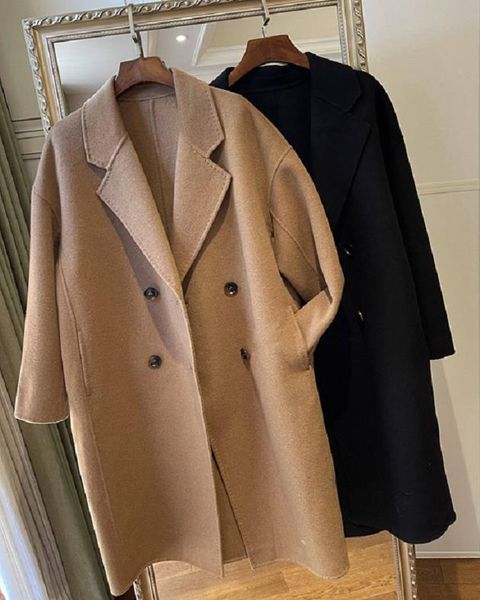 women's wool & blends 2021 suit collar sheep silhouette double breasted double-sided coat long winter style, Black
women's wool & blends 2021 suit collar sheep silhouette double breasted double-sided coat long winter style, Black