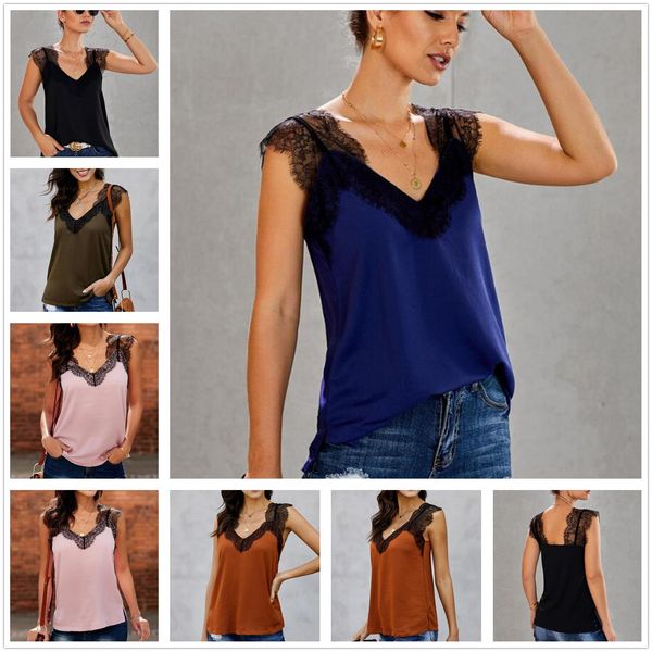 Women&#039;s shirt summer lace V-neck sleeveless splicing halter top polyester fiber Straight type Improved overworn tactical vest LC251886