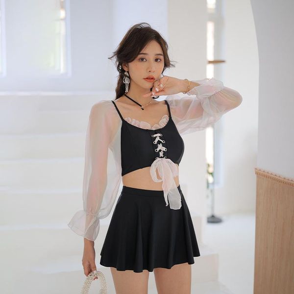 women's swimwear swimsuit three-piece split skirt mesh long-sleeved japanese fairy style summer, White;black
women's swimwear swimsuit three-piece split skirt mesh long-sleeved japanese fairy style summer, White;black