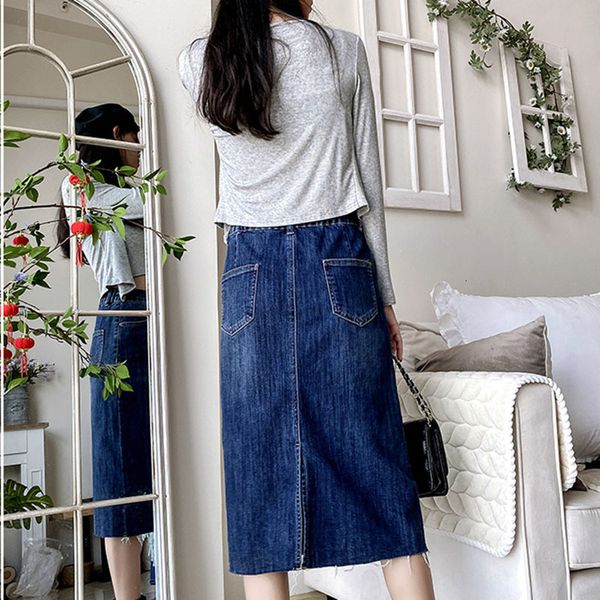 skirts high elastic waist denim women autumn fashionable korean style a line midi tassel back slit 9ncu, Black 
skirts high elastic waist denim women autumn fashionable korean style a line midi tassel back slit 9ncu, Black