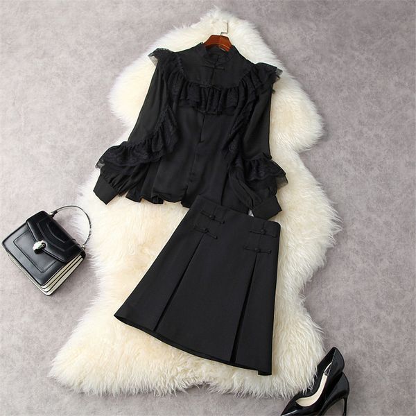 spring elegant designers piece fashion sleeves shirt lace and skirt suit sets, Black
spring elegant designers piece fashion sleeves shirt lace and skirt suit sets, Black