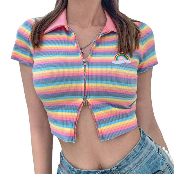 women\u2021s casual short-sleeved cardigan fashion stripe rainbow embroidery zipper exposed navel t-shirt women's, White
women\u2021s casual short-sleeved cardigan fashion stripe rainbow embroidery zipper exposed navel t-shirt women's, White
