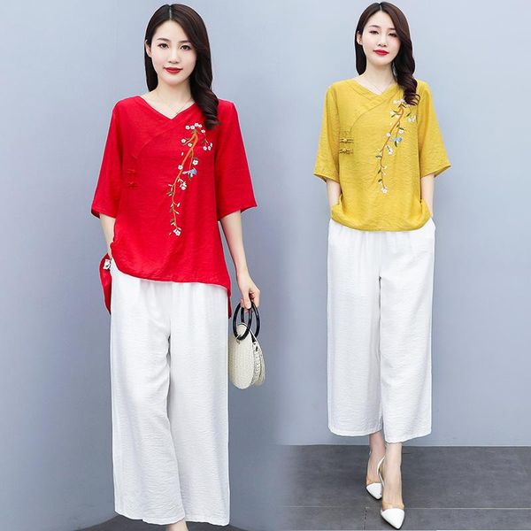 women's two piece pants suit 2 cotton and linen women, loose, retro, embroidered, button, v-neck, elastic wide legs, pants, suit, casu, White
women's two piece pants suit 2 cotton and linen women, loose, retro, embroidered, button, v-neck, elastic wide legs, pants, suit, casu, White