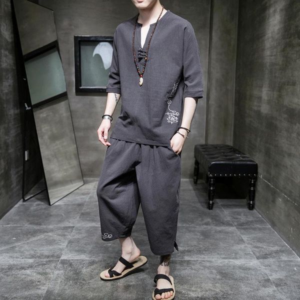 men's tracksuits cotton suit short sleeve summer thin t-shirt chinese style two piece capris embroidered, Gray
men's tracksuits cotton suit short sleeve summer thin t-shirt chinese style two piece capris embroidered, Gray