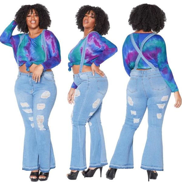arrived plus size women overall jeans xl--5xl crossed straps holes ripped bell bottom denim jumpsuits casual 2021 women's, Blue
arrived plus size women overall jeans xl--5xl crossed straps holes ripped bell bottom denim jumpsuits casual 2021 women's, Blue