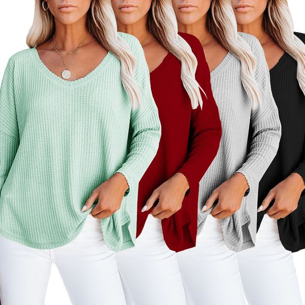 women's t-shirt autumn tees v-neck long-sleeved european and american style casual loose waffle, White
women's t-shirt autumn tees v-neck long-sleeved european and american style casual loose waffle, White