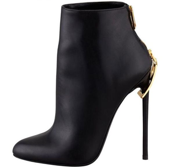 new woman big gold zipper in heels pointed toe black leather short ankle boots thin heels party dress shoes drop shipping