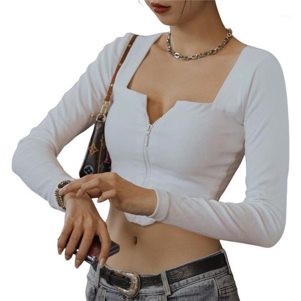 women's t-shirt fashion women long sleeve zipper stylish solid color crop for ladies female, White
women's t-shirt fashion women long sleeve zipper stylish solid color crop for ladies female, White