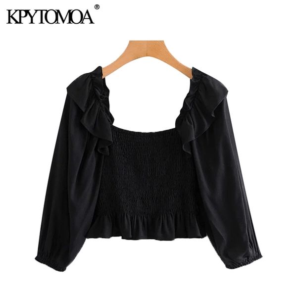 women fashion smocked elastic cropped blouses vintage three quarter sleeve ruffled female shirts chic 210421, White
women fashion smocked elastic cropped blouses vintage three quarter sleeve ruffled female shirts chic 210421, White