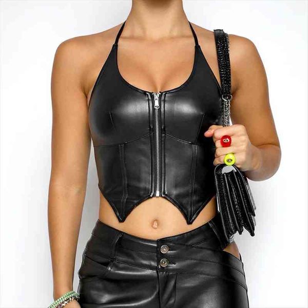 halter tied pu leather women tank bustiers black sleeveless zipper front crop party clubwear backless wrap tube top, White
halter tied pu leather women tank bustiers black sleeveless zipper front crop party clubwear backless wrap tube top, White