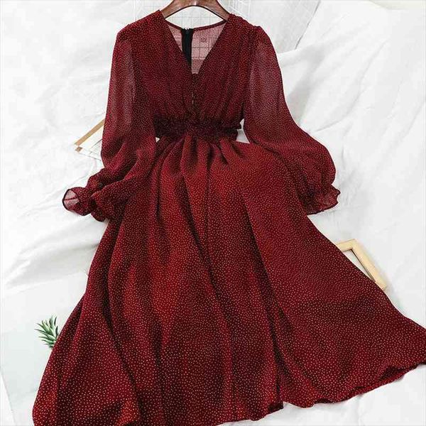 autumn v neck polka dot slim chiffon dress button puff sleeve high waist elegant women mid-calf dress, Black;gray
autumn v neck polka dot slim chiffon dress button puff sleeve high waist elegant women mid-calf dress, Black;gray