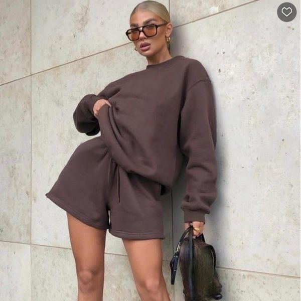 women's tracksuits solid brown loose women 2 piece sets o neck long sleeve streetwear female sweatshirt lace up elastic shorts fashion, Gray
women's tracksuits solid brown loose women 2 piece sets o neck long sleeve streetwear female sweatshirt lace up elastic shorts fashion, Gray