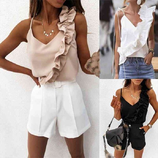 summer elegant irregular camisole womens camis solid color slant ruffled shoulder strap v neck fitting wild streetwear top, White
summer elegant irregular camisole womens camis solid color slant ruffled shoulder strap v neck fitting wild streetwear top, White