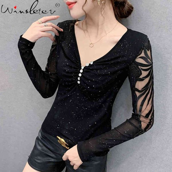 women's t-shirt spring fall european clothes girls fashion shiny v-neck button patchwork mesh women all match tees t1150, White
women's t-shirt spring fall european clothes girls fashion shiny v-neck button patchwork mesh women all match tees t1150, White