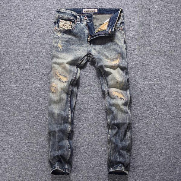 men's jeans european vintage fashion men retro wash distressed slim fit destroyed ripped patchwork designer denim punk pants, Blue
men's jeans european vintage fashion men retro wash distressed slim fit destroyed ripped patchwork designer denim punk pants, Blue