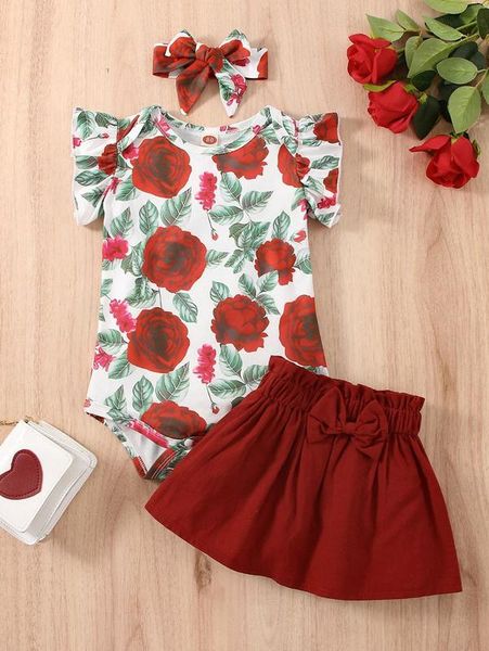 baby allover floral print ruffle trim bodysuit & paperbag waist bow front skirt & headband she, White
baby allover floral print ruffle trim bodysuit & paperbag waist bow front skirt & headband she, White
