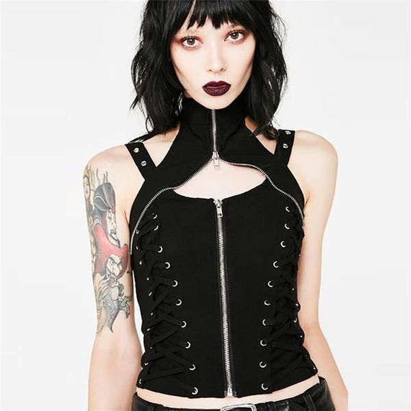 black zipper lace up womens t shirts hollow out summer sreetwear vest shirt gothic, White
black zipper lace up womens t shirts hollow out summer sreetwear vest shirt gothic, White