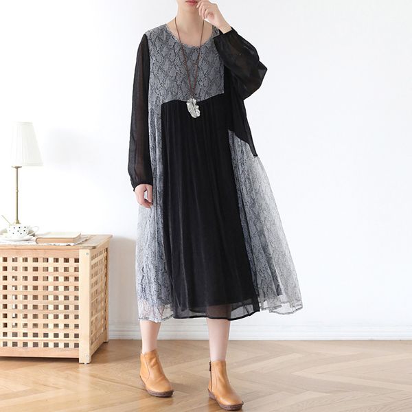 johnature women chiffon and lace dresses fashion patchwork spring o-neck long sleeve loose beach style women dresses 210521, Black;gray
johnature women chiffon and lace dresses fashion patchwork spring o-neck long sleeve loose beach style women dresses 210521, Black;gray