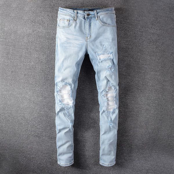 fashion men's long slim black jeans desiger patchworl ripped hole demin streetwear pants for men, Blue
fashion men's long slim black jeans desiger patchworl ripped hole demin streetwear pants for men, Blue