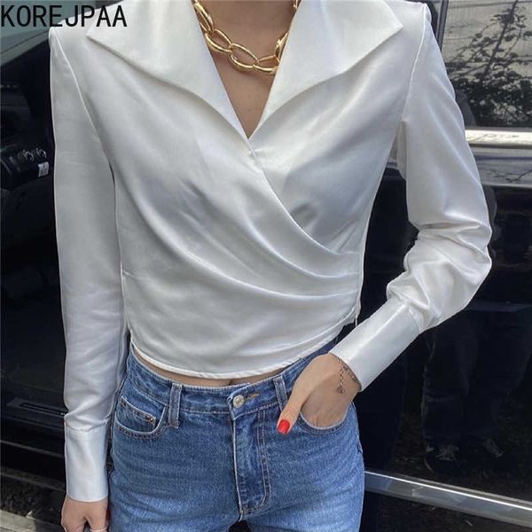 korejpaa women shirt summer korean chic niche design lapel cross pleated slim-fit solid-color gloss long-sleeved blouses 210526, White
korejpaa women shirt summer korean chic niche design lapel cross pleated slim-fit solid-color gloss long-sleeved blouses 210526, White