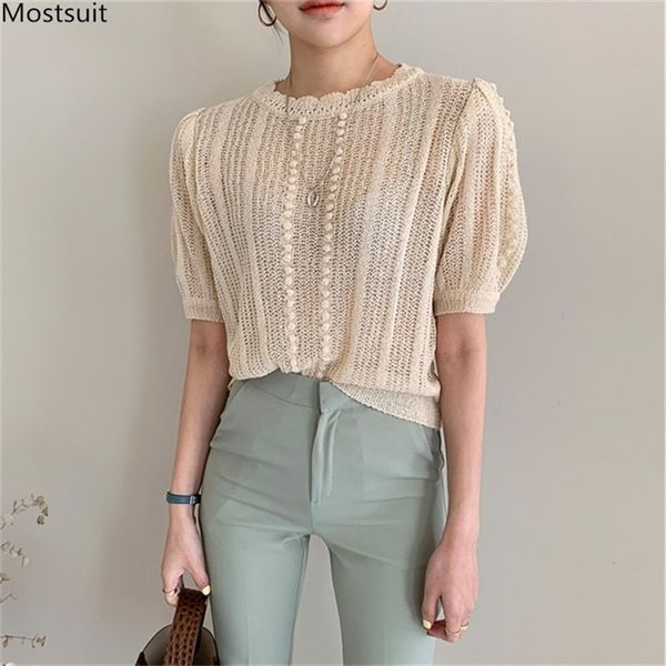 summer elegant knitted women vintage thin striped t-shirt korean short puff sleeve o-neck slim tees shirt femme 210513, White
summer elegant knitted women vintage thin striped t-shirt korean short puff sleeve o-neck slim tees shirt femme 210513, White