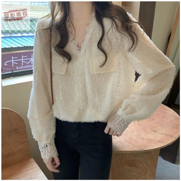women's blouses & shirts lace shirt spring ladies temperament v-neck long-sleeved blouse bottoming women, White
women's blouses & shirts lace shirt spring ladies temperament v-neck long-sleeved blouse bottoming women, White
