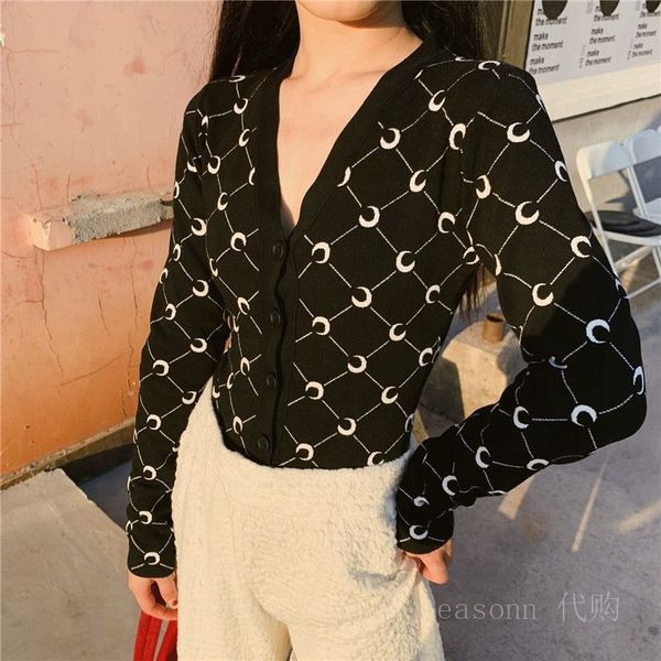women slim cotton sweater one-piece moon knit long-sleeved v-neck cardigans, Black;white
women slim cotton sweater one-piece moon knit long-sleeved v-neck cardigans, Black;white
