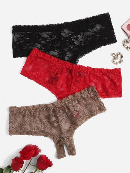 3pack plus floral lace open crotch panty 41tx#, Black;white