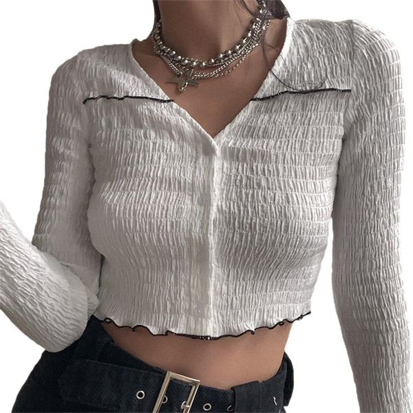 women's t-shirt 2021 fashion long sleeve wild pleated contrast color cardigan cropped solid, White
women's t-shirt 2021 fashion long sleeve wild pleated contrast color cardigan cropped solid, White
