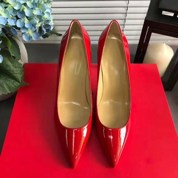 dress shoes red high heels patent leather solid color pointed shallow mouth stiletto super heel handmade single wedding bride 34s, Black 
dress shoes red high heels patent leather solid color pointed shallow mouth stiletto super heel handmade single wedding bride 34s, Black