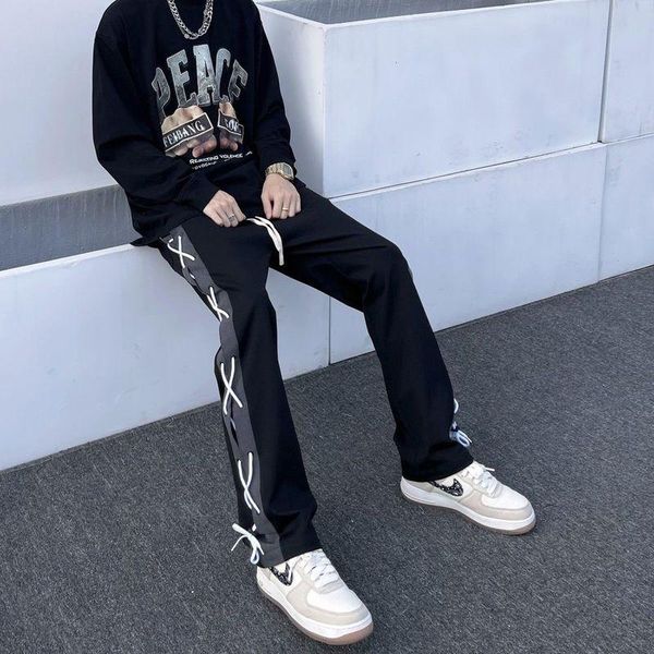 men's pants high street retro patchwork rope casual cargo cross strap hip hop skateboard, Black
men's pants high street retro patchwork rope casual cargo cross strap hip hop skateboard, Black