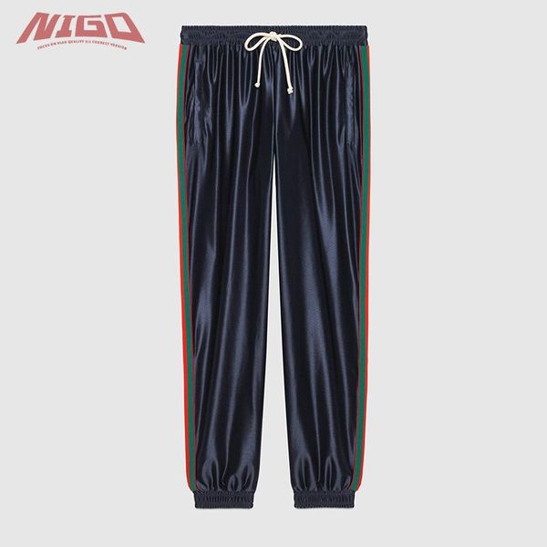 men's pants nigo g 21ss shiny knitted fabric webbing trousers #nigo231, Black