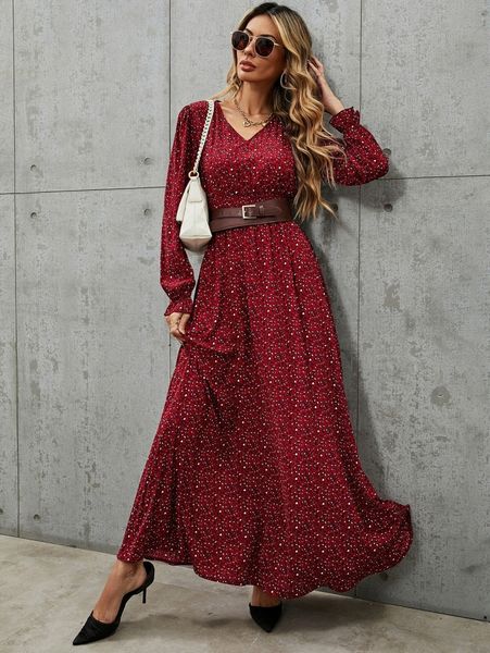 leopard print flounce sleeve dress without belt j9fx#, Black;gray