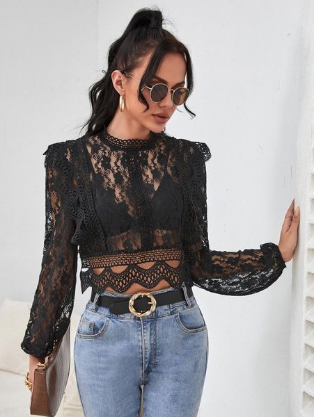 guipure lace insert mock neck lantern sleeve lace without bra c1si#, White