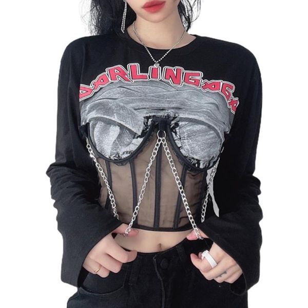 women's t-shirt ladies casual round neck letter printing mesh splicing chain decoration back tie up long sleeve midriff y2k, White
women's t-shirt ladies casual round neck letter printing mesh splicing chain decoration back tie up long sleeve midriff y2k, White