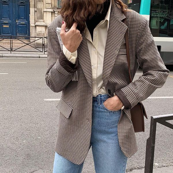 women's suits & blazers women brown plaid vintage blazer jacket spring autumn korean chic turn down collar button coats woman outerwear, White;black
women's suits & blazers women brown plaid vintage blazer jacket spring autumn korean chic turn down collar button coats woman outerwear, White;black