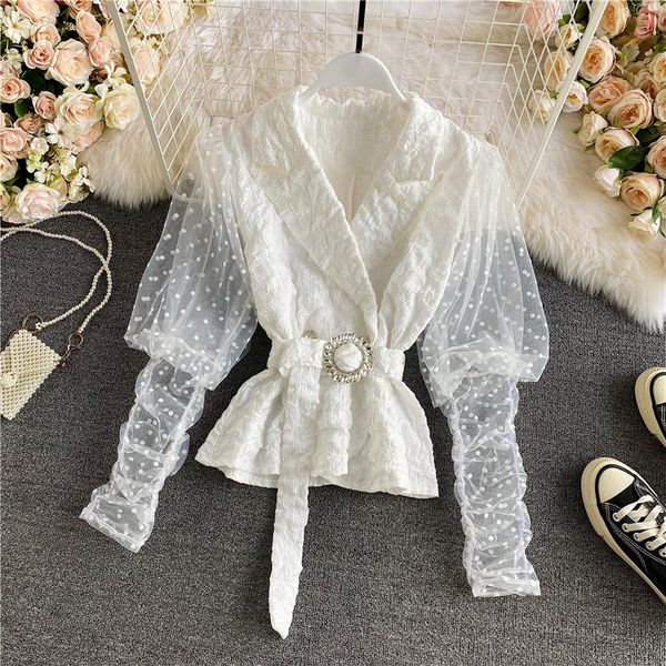 women's blouses & shirts autumn women suit turn down collar waist long mesh bubble long-sleeved tunic waistband doll short shirt blouse, White
women's blouses & shirts autumn women suit turn down collar waist long mesh bubble long-sleeved tunic waistband doll short shirt blouse, White