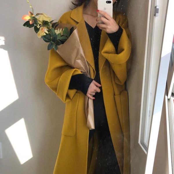 women's wool & blends autumn winter korean chic fashion design long overcoat 2021 ladies bandage lapel solid casual loose woolen coat, Black
women's wool & blends autumn winter korean chic fashion design long overcoat 2021 ladies bandage lapel solid casual loose woolen coat, Black