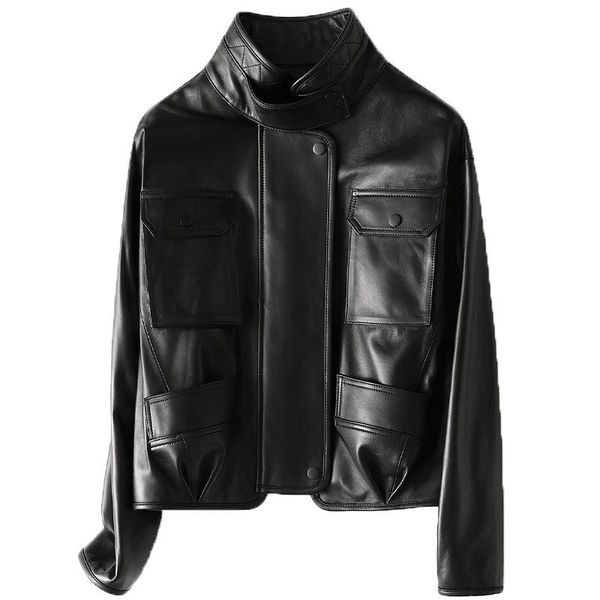 women's leather & faux stand collar black sheepskin jacket loose medium length spring 2021 real coat with pockets
women's leather & faux stand collar black sheepskin jacket loose medium length spring 2021 real coat with pockets