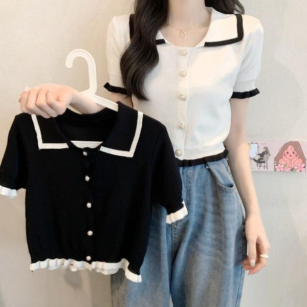 women's t-shirt knitted short-sleeved t-shirts for short collar cardigan summer slim slimming female ice silk top, White
women's t-shirt knitted short-sleeved t-shirts for short collar cardigan summer slim slimming female ice silk top, White