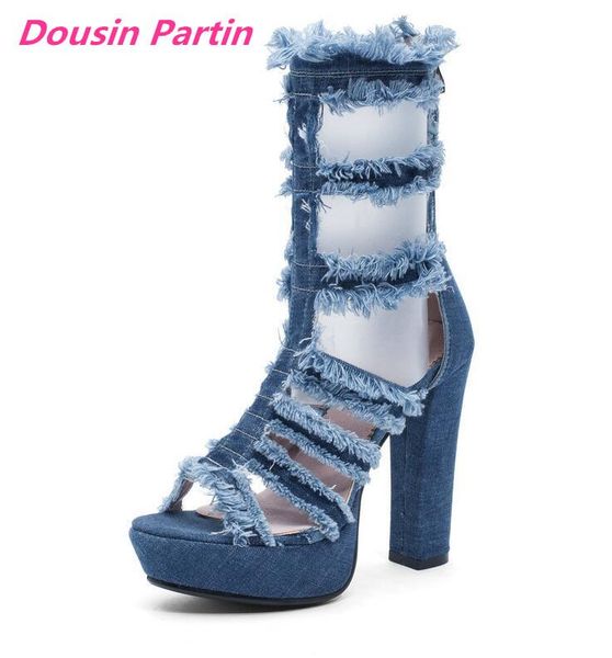 dousin partin women sandals square super high heel peep toe gladiator denim cut outs zipper long tube cool boots, Black
dousin partin women sandals square super high heel peep toe gladiator denim cut outs zipper long tube cool boots, Black