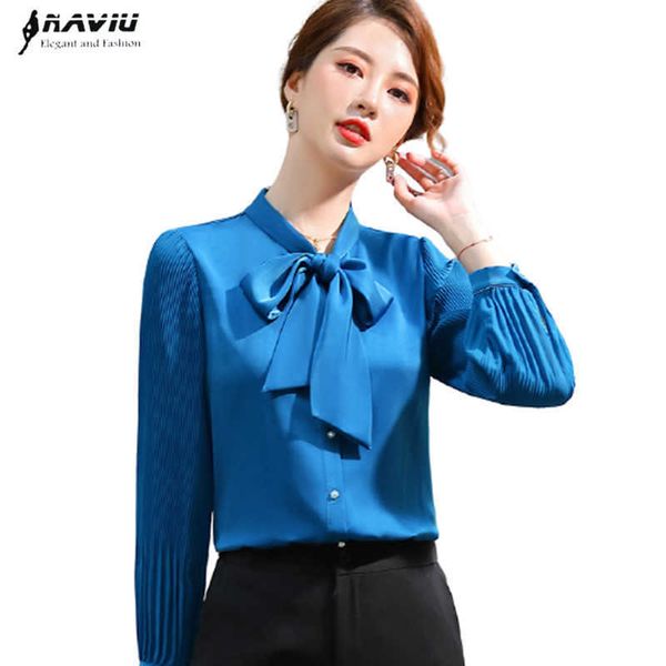 silk saitn women spring bow fashion temperament high end elegant formal blouses office ladies work casual 210604, White