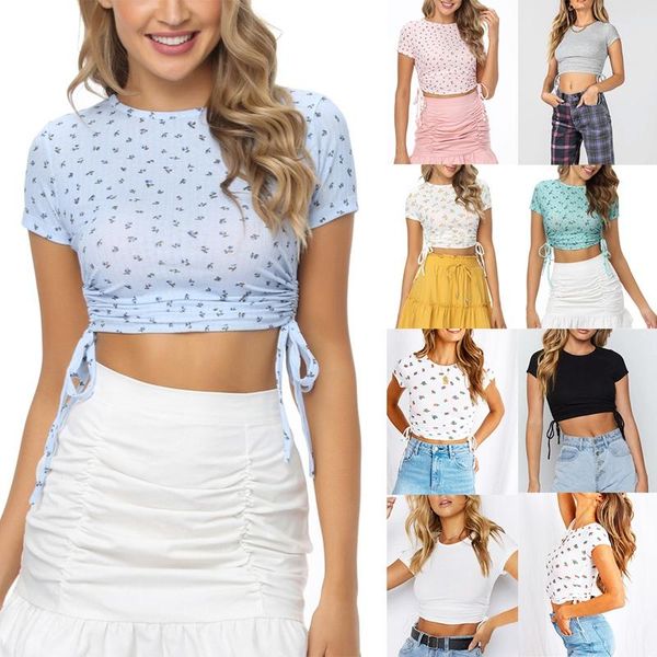 women's cute crop short sleeve printing drawstring pleated tight t-shirt summer slim, White
women's cute crop short sleeve printing drawstring pleated tight t-shirt summer slim, White